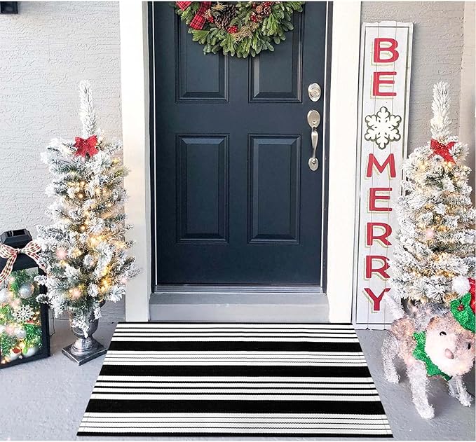 OJIA Fall Front Door Mat 24"x35" Black & White Front Door Rug Washable Entry Rug Cotton Handwoven Halloween Indoor Outdoor Doormat Small Area Rugs for Porch/Entrance