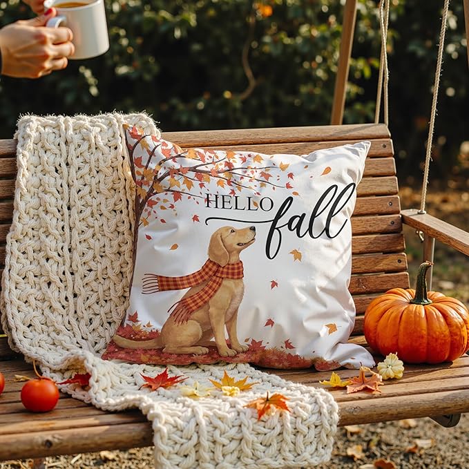 Hello Fall Dog Pillow Covers 18x18, Farmhouse Autumn Decor,Fall Autumn Maple Leaves Decorative Throw Pillow Covers for Home Bedroom Living Room,Dog Lover Gifts