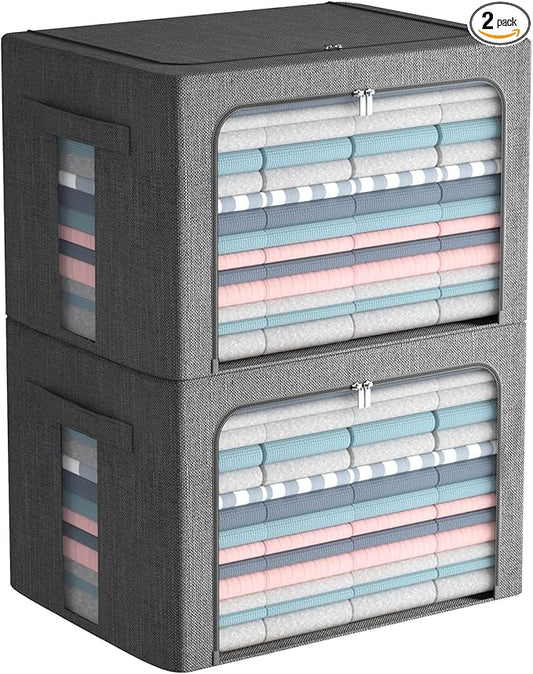 2 Pack Clear Window Storage Bins Large Foldable Fabric Storage Bins Boxes for Clothes Stackable Organizer Set with Carrying Handles19.7X 15.7X 12.6 Inches