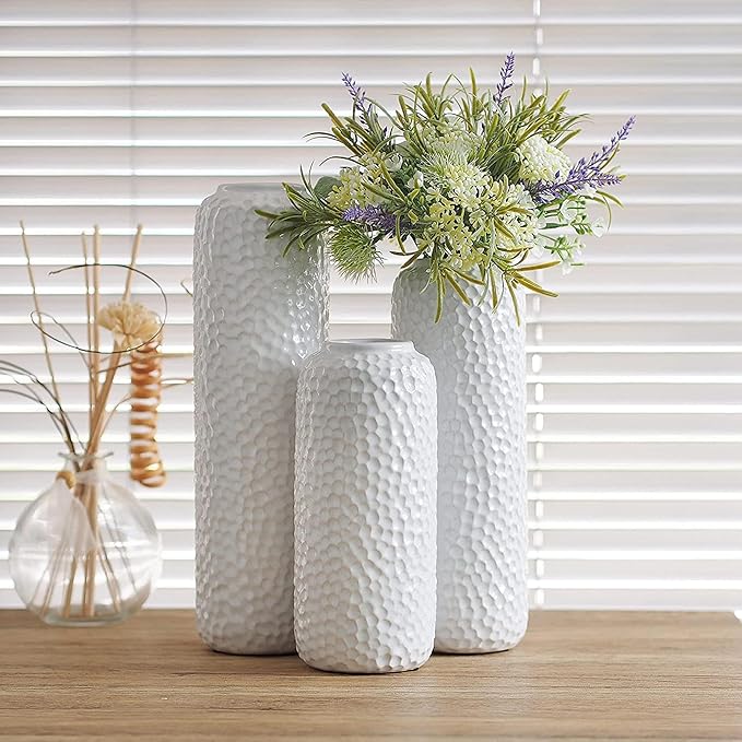 Hosley Set of 3 White Ceramic Honeycomb Vase Tall 12 Inch Medium 10 Inch Short 8 Inch High Each. Ideal Gift for Wedding Special Occasion Dried Floral Arrangements Home Office Spa