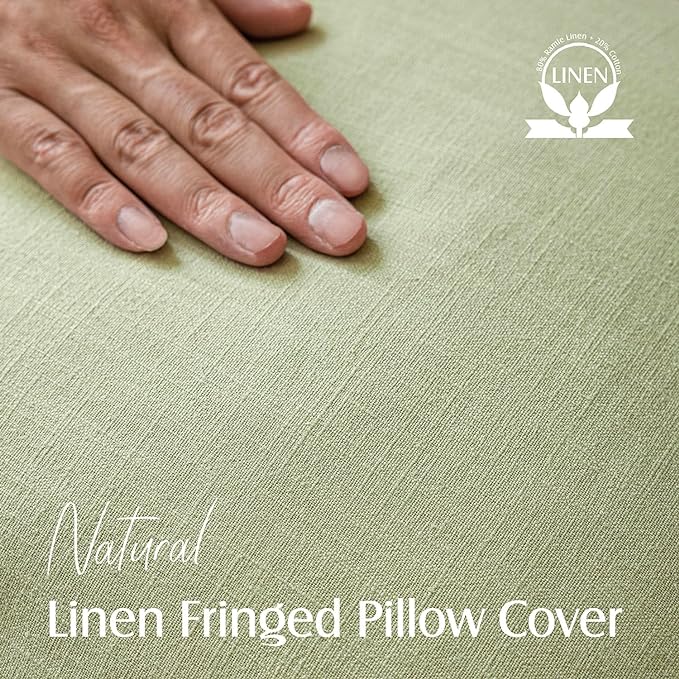 Foindtower Set of 2 Decorative Linen Fringe Throw Pillow Covers Boho Farmhouse Cushion Cover with Tassels Soft Accent Pillowcase for Couch Sofa Bed Living Room Home Decor,18×18 Inch,Light Sage Green