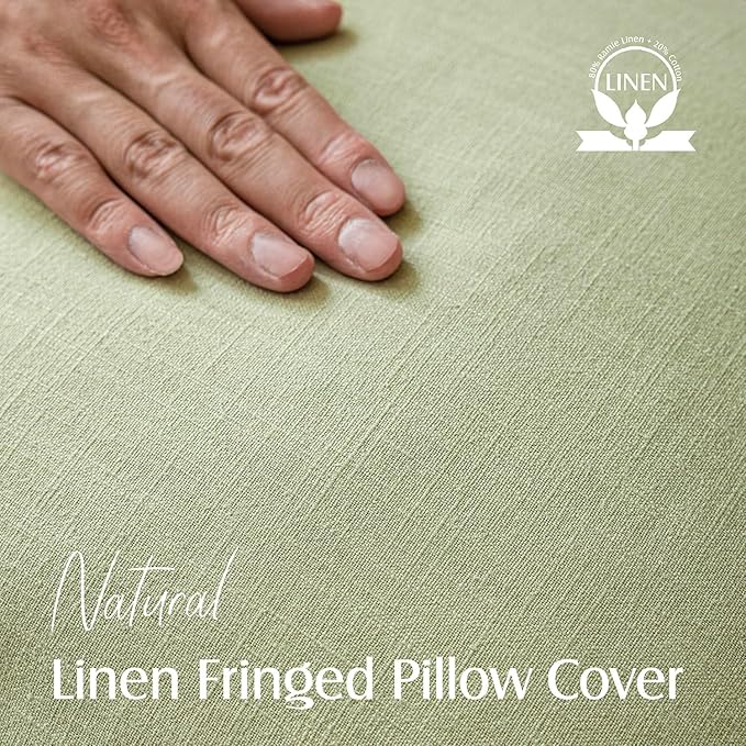 Foindtower Set of 2 Decorative Linen Fringe Throw Pillow Covers Cozy Boho Farmhouse Cushion Cover with Tassels Accent Pillowcase for Couch Sofa Bed Living Room Home Decor,26×26 Inch,Light Sage Green