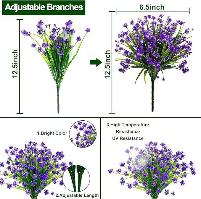 12 Bundles Artificial Flowers for Outdoors Summer Decor, Realistic UV Resistant Fake Plants Faux Plastic Flowers for Outside Planter Home Gardens Patio Porch Yards Spring Cemetery Decor(Purple)