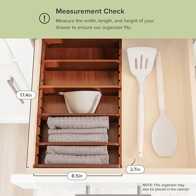 Acacia Kitchen Towel and Storage Organizer, Perfect for Drawers, Cabinets, Pantry, 5 Adjustable Wall Inserts, Non-Slip Feet, Organize Containers, Food-Safe Finish