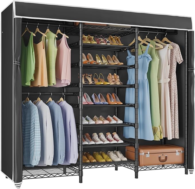 VIPEK S3C Heavy Duty Portable Closet with Adjustable Shoe Rack Wire Shelf, Large Wardrobe Organizer for Bedroom Storage, Freestanding Clothes Rack with Hanging Rod, Custom Black Rack with Black Cover