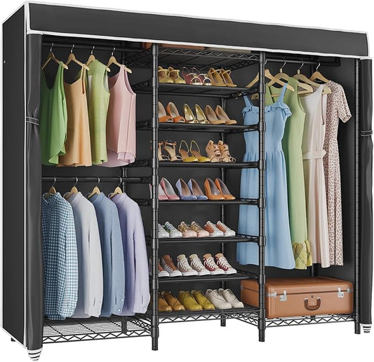 VIPEK S3C Heavy Duty Portable Closet with Adjustable Shoe Rack Wire Shelf, Large Wardrobe Organizer for Bedroom Storage, Freestanding Clothes Rack with Hanging Rod, Custom Black Rack with Black Cover