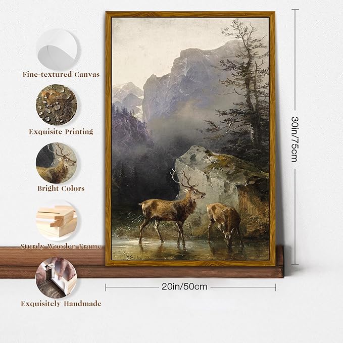 crmotu Vintage Framed Wall Art, Animal Deers Painting Canvas Prints, Mountain Mist Landscape Rustic Home Decorations, Nature Aesthetic Pictures Wall Decor Living Room Bedroom Bathroom Kitchen 20x30in