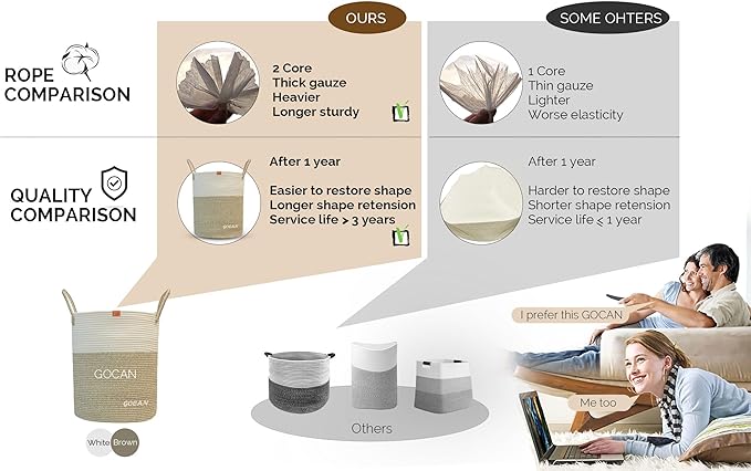 large tall sturdier Laundry Hamper Basket Woven Storage Baskets for clothes Pillows Blanket Toy in living or bed room decoration H50XD38cm borwn/beige