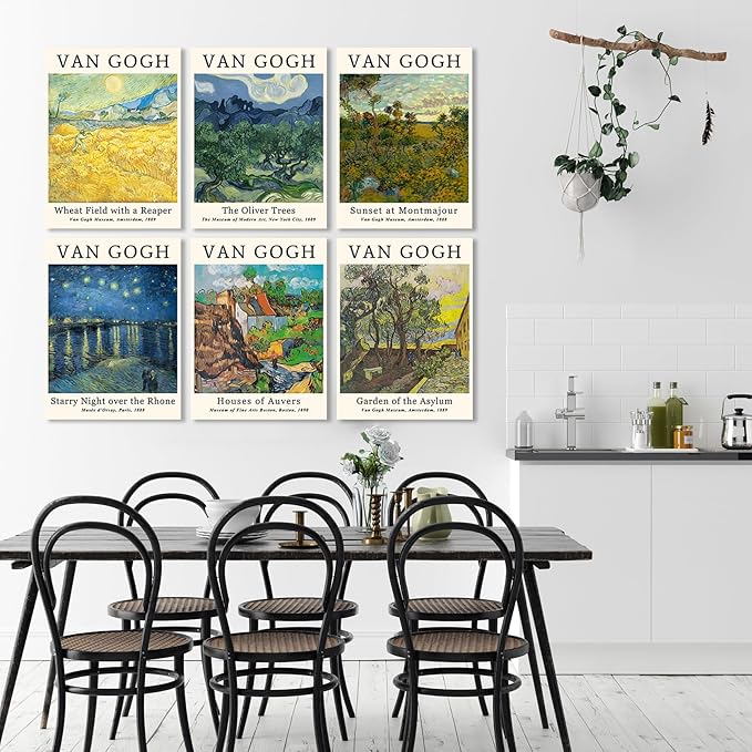 COSCTOR Set of 6 Vincent Van Gogh Wall Art Decor Canvas Vintage Retro Famous Artist Colorful Posters and Prints for Living Room Bathroom Bedroom Hallway Kitchen (Framed, 9x12)