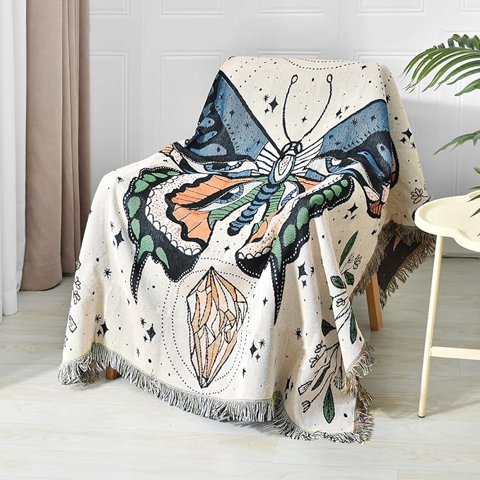 Boho Throw Blanket Reversible Cotton Bohemian Tapestry Hippie Room Decor Outdoor Blanket Double Sided (Month Moth White, 50"x60")
