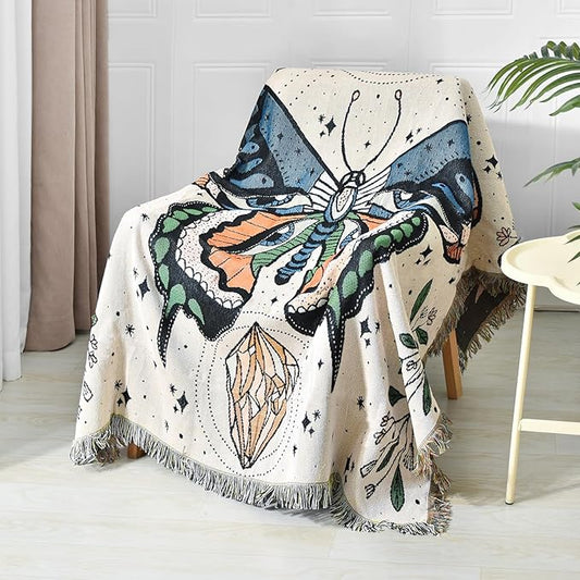 Boho Throw Blanket Reversible Cotton Bohemian Tapestry Hippie Room Decor Outdoor Blanket Double Sided (Month Moth White, 50"x60")