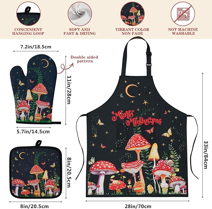 Mushroom Kitchen Decor Bamboo Cooking Spoon with Apron Oven Mitt Pot Holder Utensil Set -Mushroom Kitchen Accessories,Home Decorations Gifts for Women-Housewarming,Birthday Gift,8PCS