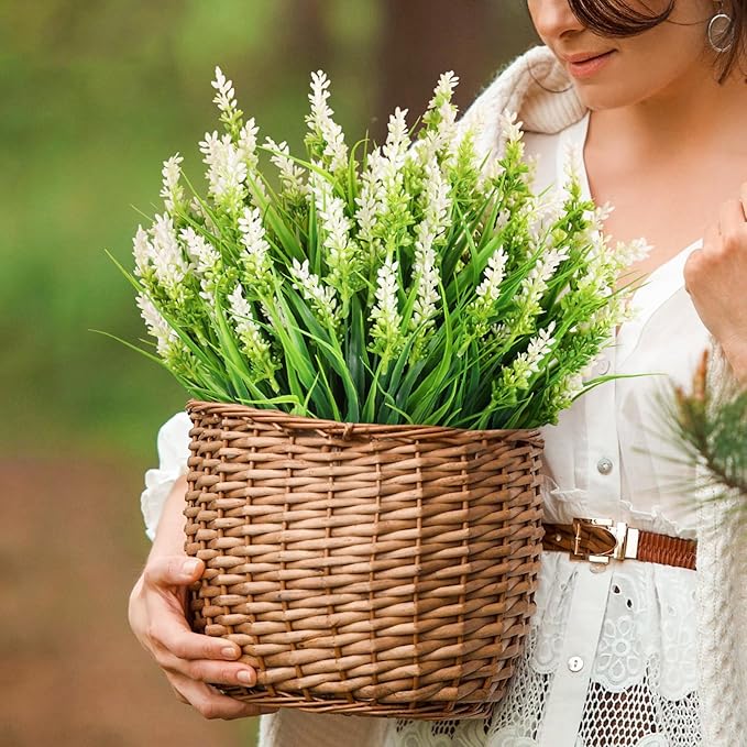 Artificial Plants for Outdoors, 10 Bundles Fake Monkey Grass with White Spring Flowers, Faux Plants Outdoor UV Resistant Realistic Greenery for Garden Window Patio Hanging Porch Home Decoration