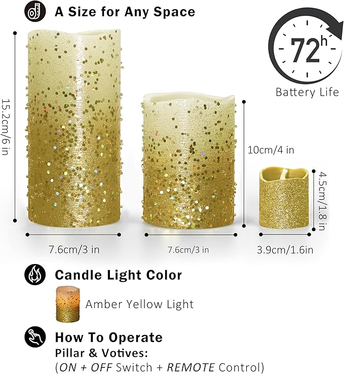FURORA LIGHTING Gold Glitter LED Candles with Remote and Timer, 4 Pillars and 4 Votives Pack of 8, Real Wax Flameless Flickering Candles for Home Décor, Battery Included