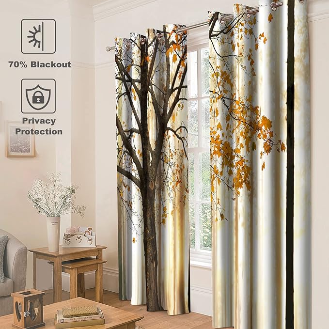 Jekeno Fall Tree Blackout Curtains Autumn Maple Tree Yellow Orange Leaves Brown Branch Wooden Nature Decor Bedroom Living Room Grommet Window Drapes 2 Panel Set, 52"x84"