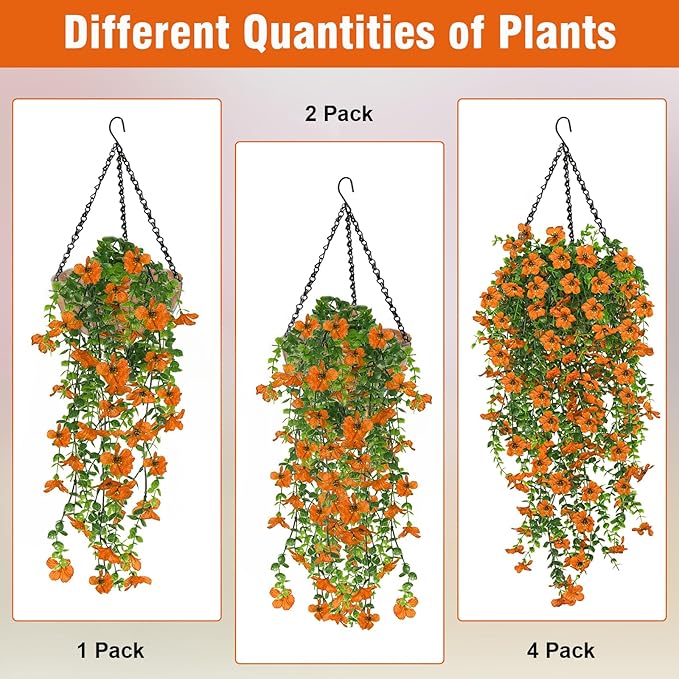 4 Pcs Fall Artificial Hanging Flowers for Outdoors,Fake Hanging Plants,Artificial Mums for Outdoors,Fall Decorations for Home,Outdoor Fall Decor(Orange)