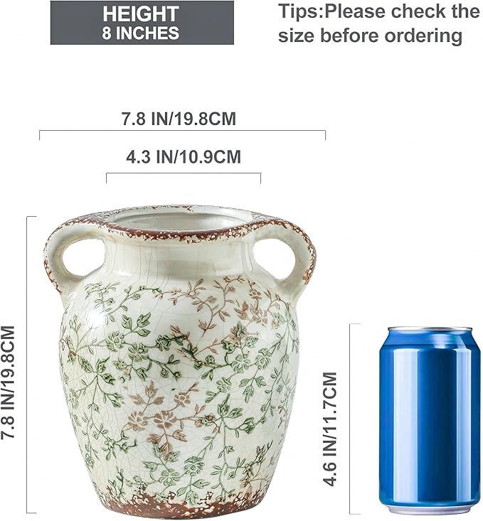 Enra Vintage vase,7.8 Inch Green and Beige Ceramic Decorative Flower vase, Chinoiserie Floral Vase,Large Rustic Vases for Home Decors, Living Room, Bookshelf, Office