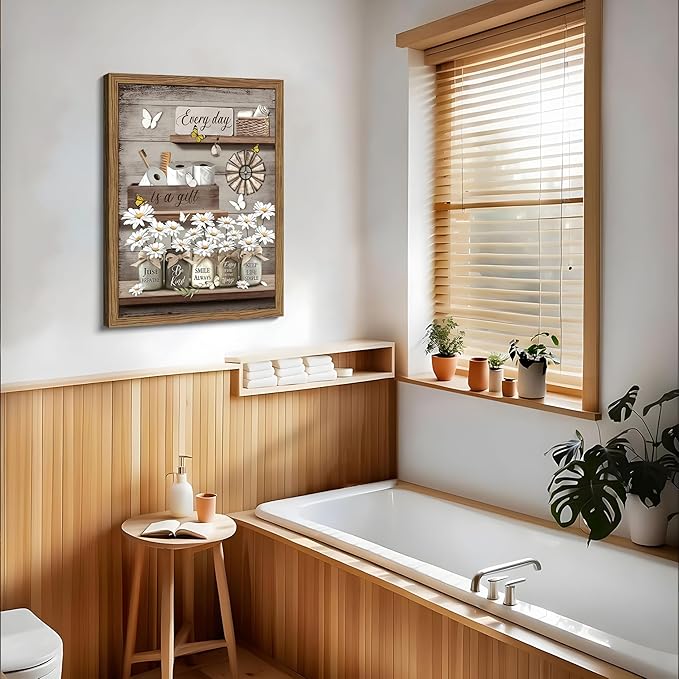 Wood Framed Farmhouse Bathroom Wall Art, Vintage Rustic Daisy Canvas Wall Decor Paintings, Flower Butterfly Inspirational Posters Prints Pictures Artwork for Bathroom Bedroom Living Room 16x24 Inch