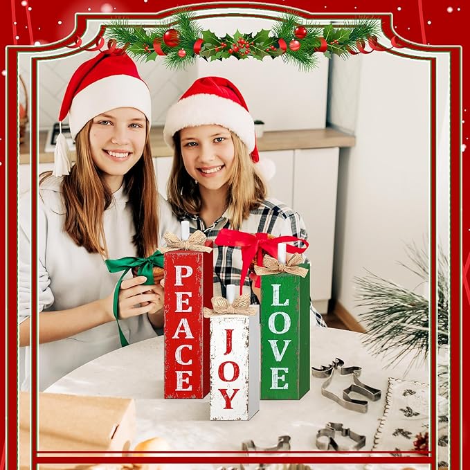 3 Pcs Christmas Tiered Tray Decor Christmas Tabletop Decor Rustic Farmhouse Wooden Table Block Sign and Centerpieces Joy Peace Love Sign for Xmas Home Shelf Kitchen Decorations