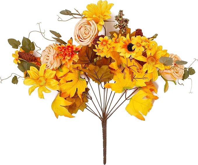Anna's Whimsy 2 Pcs Artificial Plants Indoor,Thanksgiving Fall Artificial Flowers, Fall Decor Silk Flowers Bouquet for Home Wedding Thanksgiving Decoration (Golden, 2)