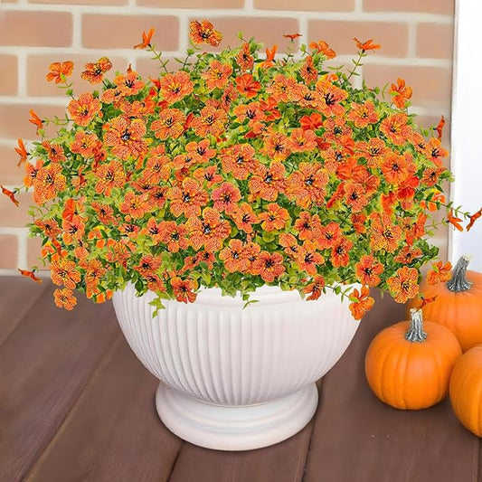 Agusbagli 72 Bundles Artificial Fall Flowers Outdoor UV Resistant Fake Autumn Boxwood Plants No Fade Faux Fall Flowers Arrangements for Outdoor Home Porch Garden Thanksgiving Fall Decor, Orange