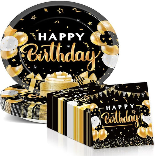 Birthday Oval Paper Plate 11inch Large Happy Birthdays Plates and Napkins, Black and Gold Party Decoration Favor Dish Tray for Man Woman Bday Baby Shower Holiday Gathering Supplies Tableware, 25 Guest