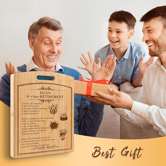 Joeyan Happy Retirement Cutting Board Gifts for Women Men Parents Friends Colleagues in Gift Box with Double Sides Grooves, Large Practical Sturdy Kitchen Chopping Present