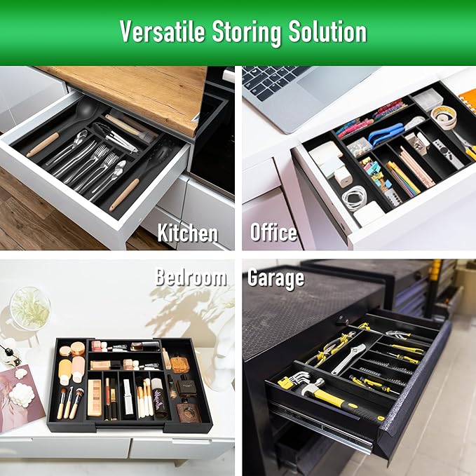 Expandable Utensil Organizer Silverware Organizer for Kitchen Adjustable Utensils Holder Bamboo Large Flatware Silverware Cutlery in Drawer (9 slot, Black