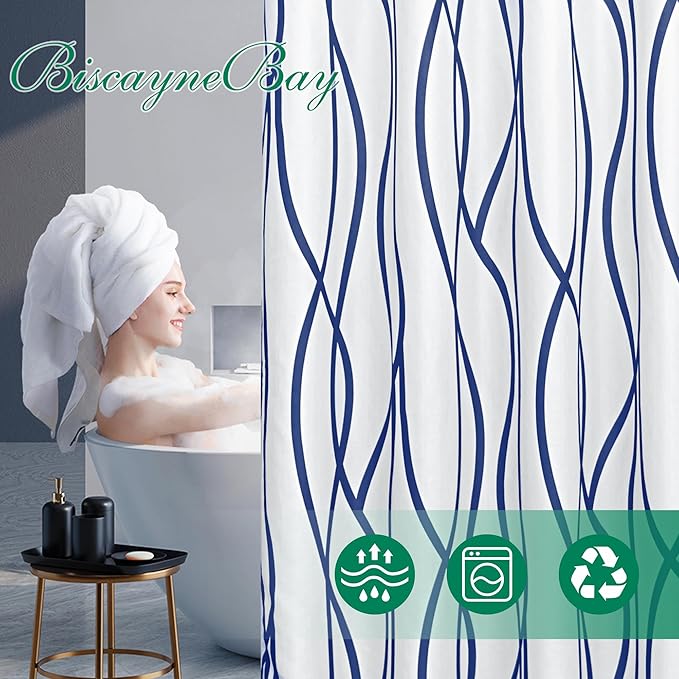Biscaynebay Textured Fabric Shower Curtain 72x72 Inch, Navy Printed Striped Linen Modern Hotel Luxury Quality Cloth Bathroom Curtains Machine Washable