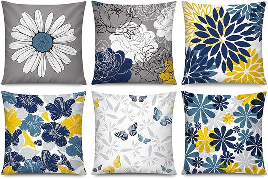 Navy Orange Throw Pillow Cover 18x18 Set of 6, Grey Blue Pillow Covers, Daisy Dahlia Pillowcase, Square Cushion Covers for Couch Sofa Living Room Home