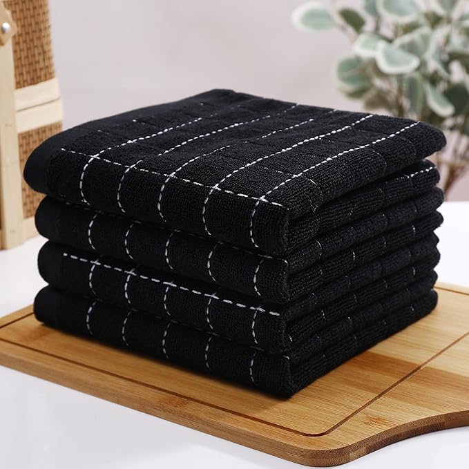 Homaxy 100% Cotton Terry Kitchen Towels(Black, 13 x 28 inches), Checkered Designed, Soft and Super Absorbent Dish Towels, 6 Pack