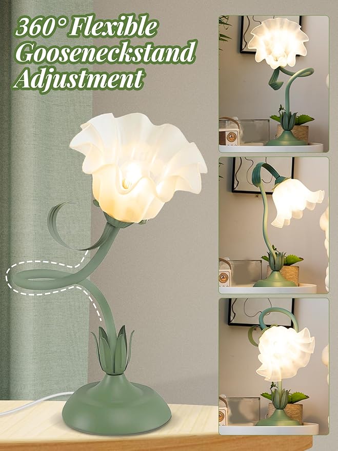 Flower Table Lamp Bedside Lamps LED Reading Light,3 Color Modes Cute Small Lamp,Vintage Flower Lamp Nightstand Lamp Kawaii Table Lamp for Bedroom Living Room Office Dorm Desk Home Decor(Green lamp)