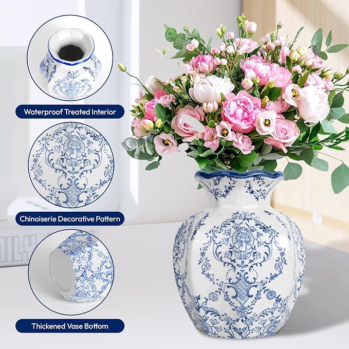 Chinoiserie Vase,Blue and White Vase,Vintage Ceramic Vases,Flower Vase for Centerpiece,Chinese Cute Vases for Living Room, Office,Home Decor (Blue White, Small)