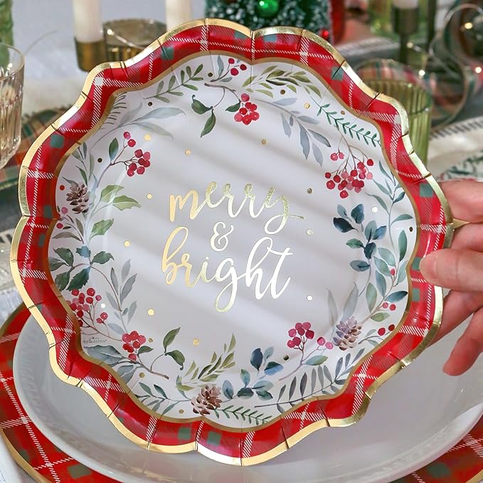 Kate Aspen 62pc Christmas Tableware Set Holiday Dinner Party Kit - 16pcs 7 inch & 9 inch Heavy Duty Disposable Party Plates, 30pcs 6.5 inch Durable Paper Napkins