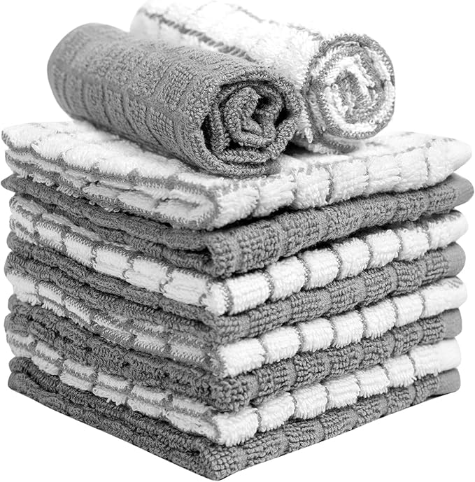 Bumble Dish Cloths (8 Pack) - 100% Cotton Dish Rags & Kitchen Washcloths for Washing Dishes | 12" x 12" | 405 GSM | Gray