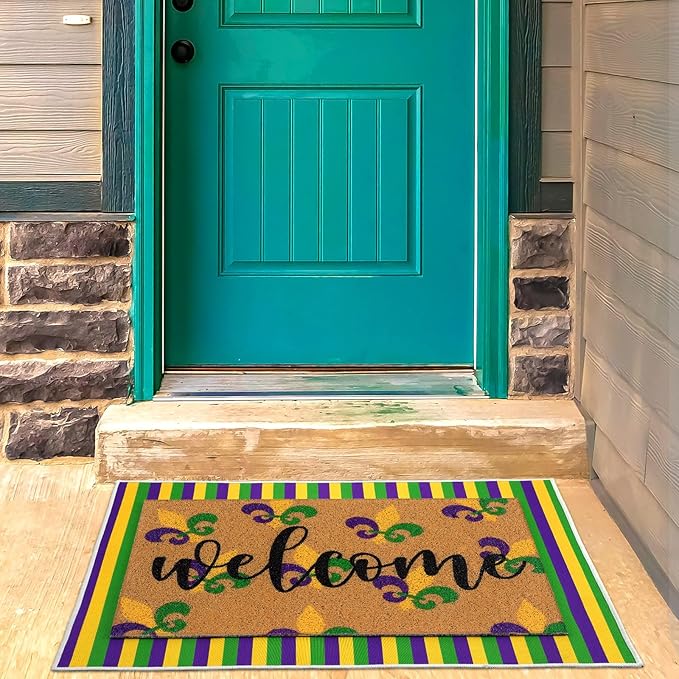 2 Pcs Door Mat Welcome Non Slip Coir Mats Floor Layering Doormats Seasonal for Front Porch Entryway Decor(Mardi Gras)