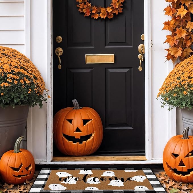 2 Pcs Halloween Door Mat White Ghost Welcome Non Slip Coir Mats Black White Buffalo Plaid Floor Layering Doormats Seasonal for Front Porch Entryway Decor(Plaid Ghost)