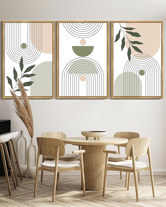 KUVIOKE Boho Green Sage Neutral Wall Art Framed Bohemain Botanical Geometric Modern Wall Prints Decor Ready to Hang 24x36in (Natural Framed)