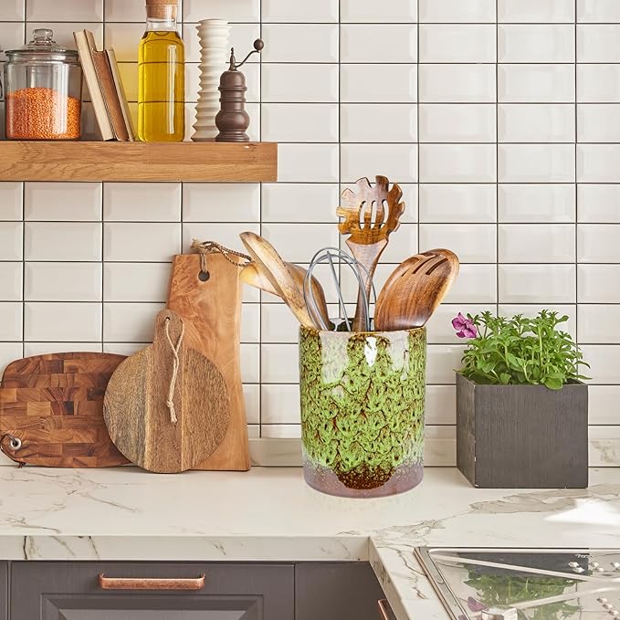 Utensil Holder, Ceramic Kitchen Utensil Holder for Countertop, Large Cooking Utensil Crocks for Kitchen Counter, Morden Utensil Organizer for Spatula, kitchen Decor,Green