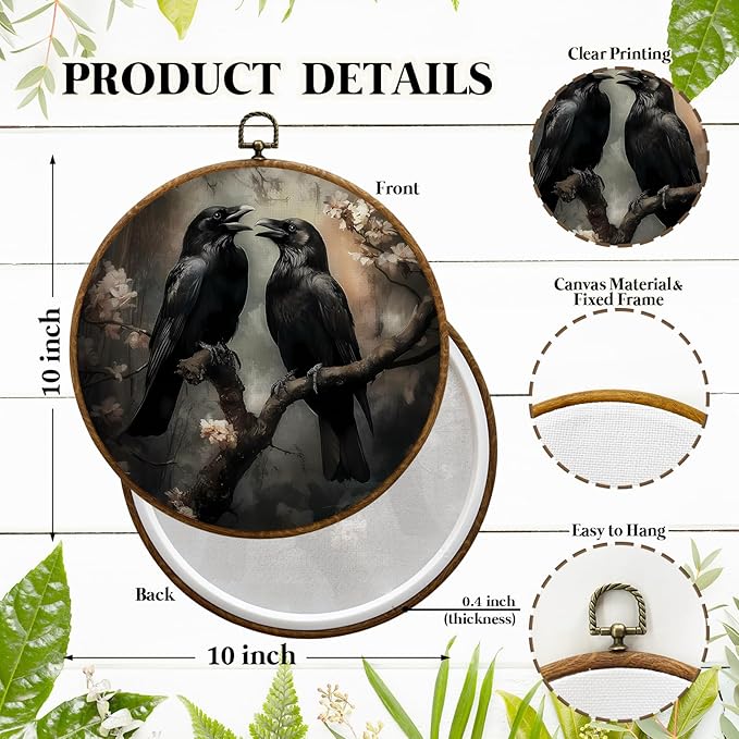 JUIOEIU Gothic Black Raven Round Wall Decor, Dark Academia Black Crow Floral Framed Canvas Prints, Gothic Moody Raven Wall Art Hanging Decorations for Home Bedroom Living Room Decor, 10x10in