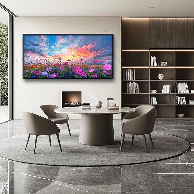 Flower Field Sunrise Large Framed Wall Art Oversized Daisy WildFlower Landscape Pictures Floral Wall Decor Canvas Print Painting Aesthetic Modern Artwork for Living Room Bedroom Office Bathroom Home Decor 60L"x30W"