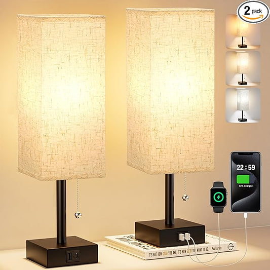 Bedside Lamps for Bedroom Set of 2 - Small Rectangular Nightstand Lamp with USB A C Charging Port, 3 Color Temperatures Desk Light with Bulb, Tabletop Reading Lamp for Living Room/Dorm/Office