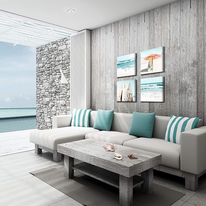 Beach Canvas Wall Art Painting: Summer Surfboard and Umbrella on Beach Picture Print for Bathroom (12'' x 12'' x 4 Panels)