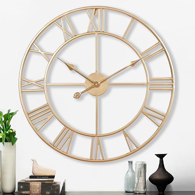 CLXEAST Champagne Gold Metal Wall Clock, Large Roman Numeral 24 Inch Wall Clocks for Living Room Decor,House Warming Gifts New Home