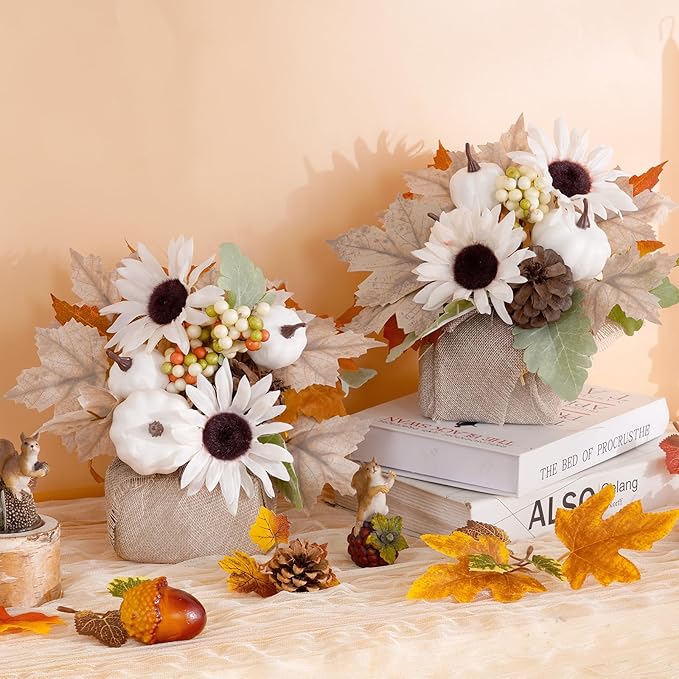 Fall Decor, Fall Decorations for Home，2Pcs Artificial Fall Flowers with Burlap Base, Fall Leaves Sunflower Decor Fall Leaves, Thanksgiving Decorations, Fall Centerpieces for Tables (White)