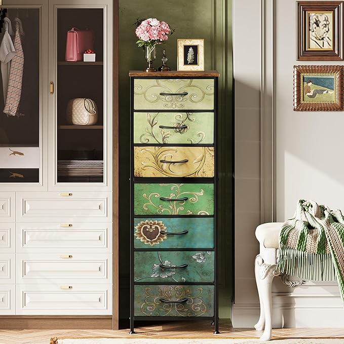 WLIVE Tall Dresser for Bedroom, 7 Drawer Dressers & Chests of Drawers, Fabric Dresser for Closet, Living Room, Night Stand with Metal Frame, Storage Tower with Fabric Bins, Wood Top, Floral Painted