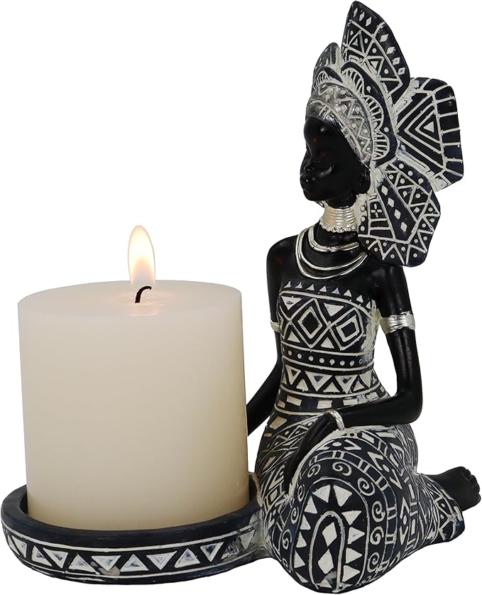 African Lady Figurine Candle Holder with African Tribal Totem for Wedding,Church,Holiday Decor-African Decorative Women Statues, Candlestick Holder for Home and Table Decor(754-Black)