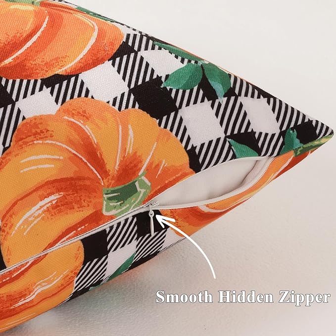 decorUhome Fall Orange Pumpkin Linen Decorative Throw Pillow Covers 20x20 Set of 2, Buffalo Plaid Check Farmhouse Gingham Cushion Covers with Stitched Edge for Autumn Harvest Couch Sofa Bed