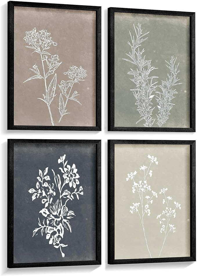Heiple Framed Wall Art Set of 4 for Boho Home decor Botanical Print Wall Art for Rustic Vintage Farmhouse Wall Decor for Living Room (Black,12”x16”)