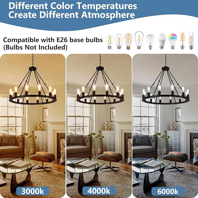 9MMML 12 Lights Black Wagon Wheel Chandelier, Industrial Farmhouse Globe Kitchen Island Pendant Light, Globe Dining Room Lights Fixtures for Foyer Entryway Living Room. E26, Height Adjustable,31.5".